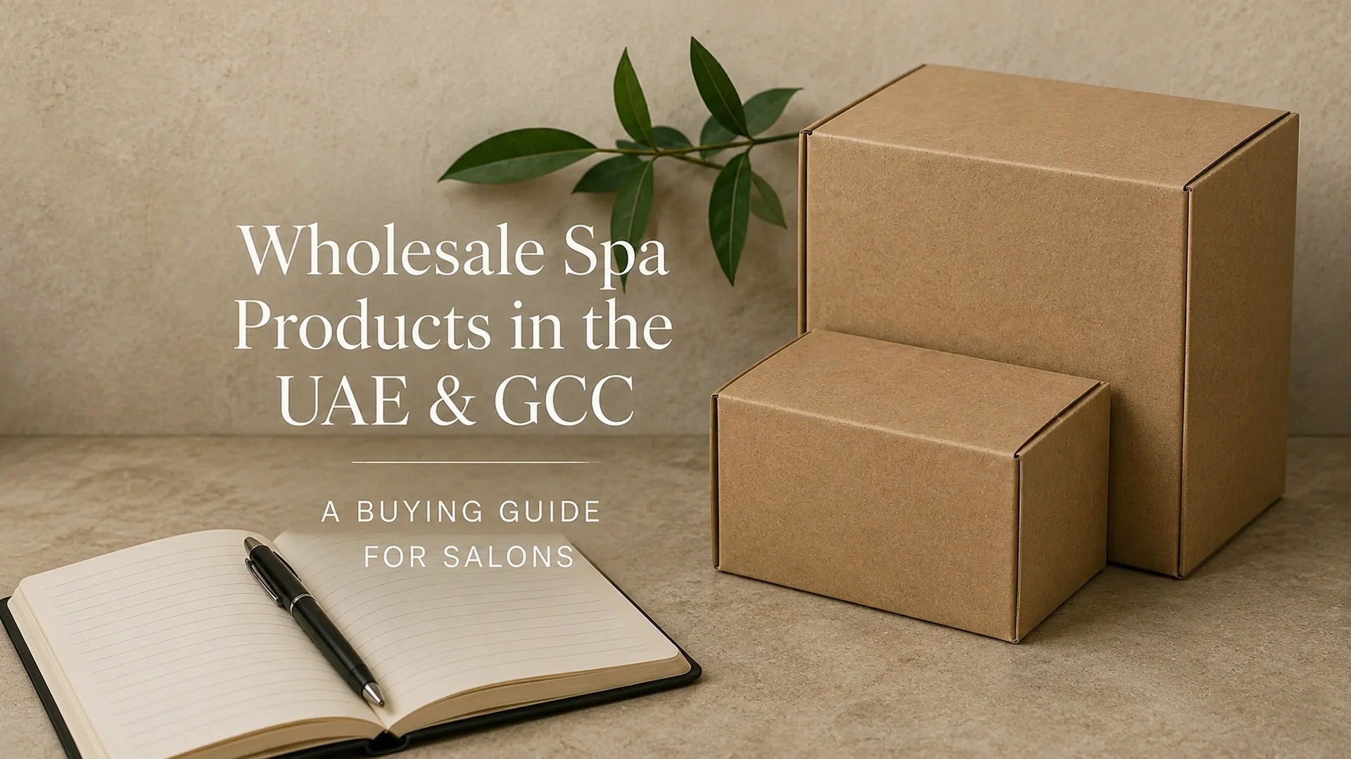 Wholesale spa products buying guide for salons in the UAE and GCC with shipping boxes and notebook
