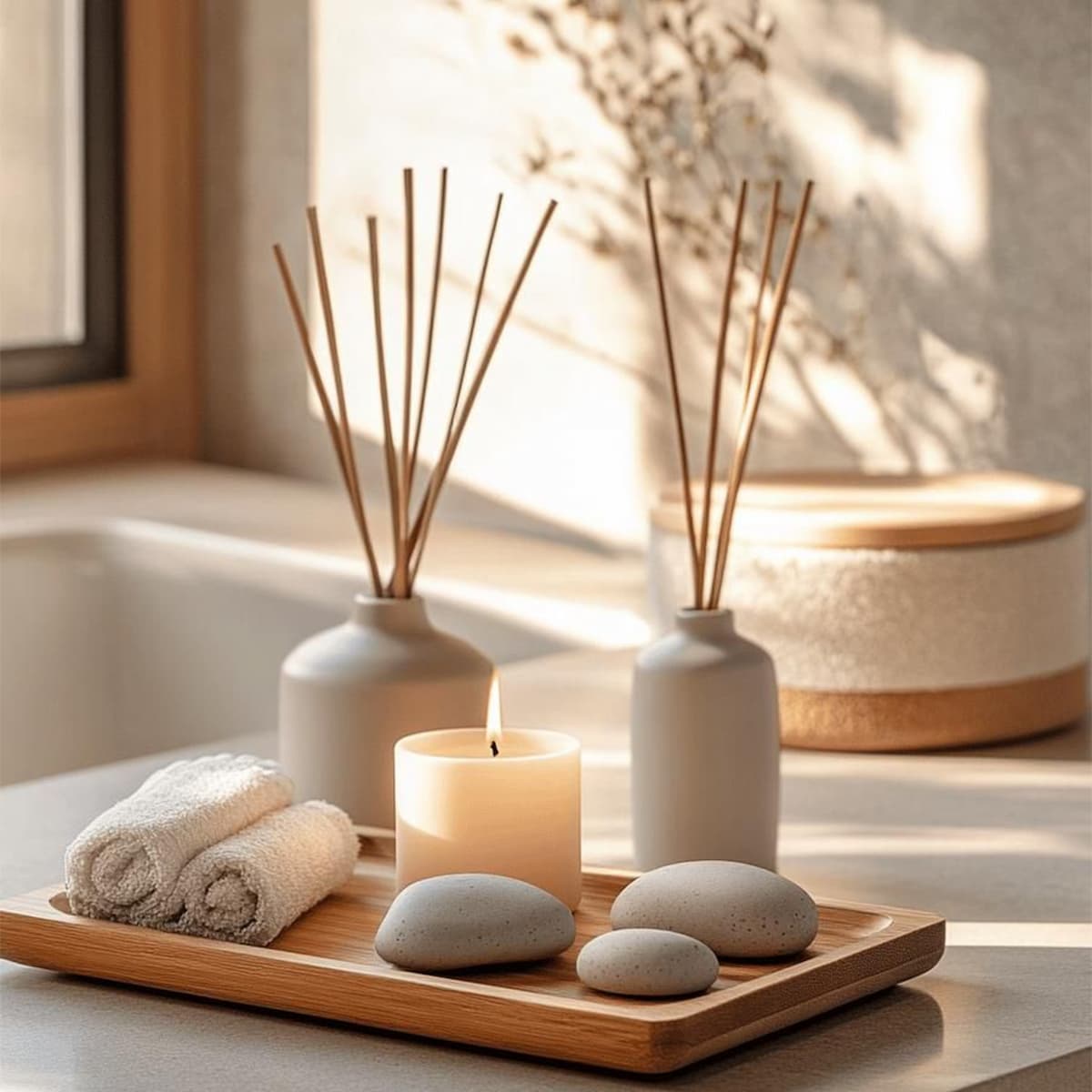 Accessories for a spa setting featuring candles, stones, and towels for a calming experience.