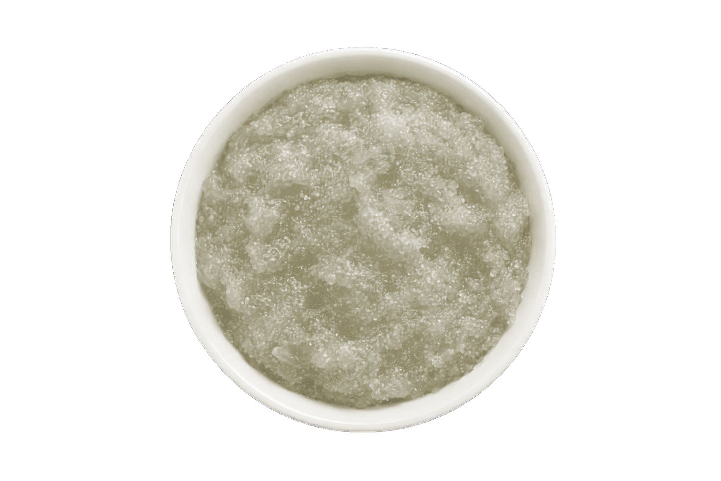 White bowl filled with a greenish-brown scrub on a white background