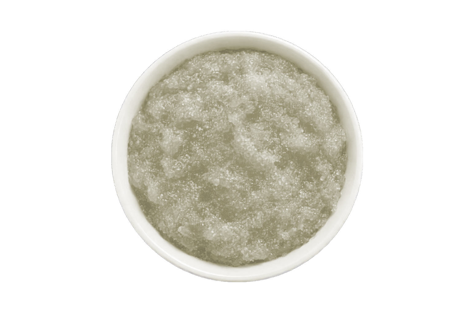 White bowl filled with a greenish-brown scrub on a white background