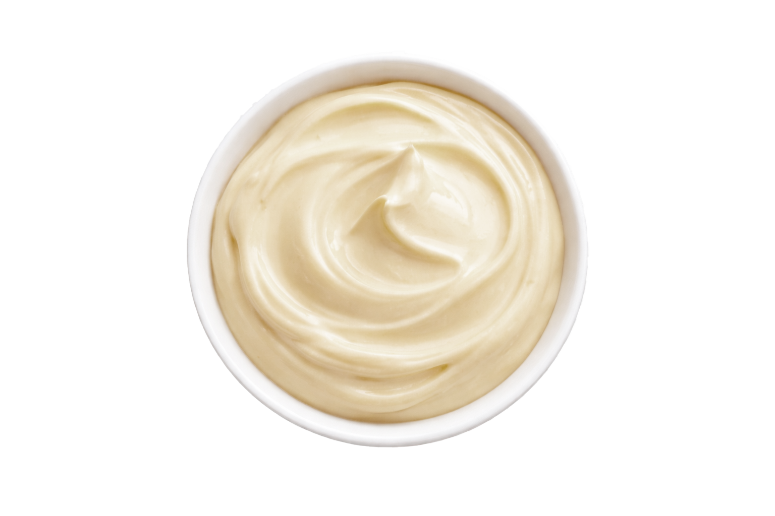 White bowl filled with creamy beige substance on a white background