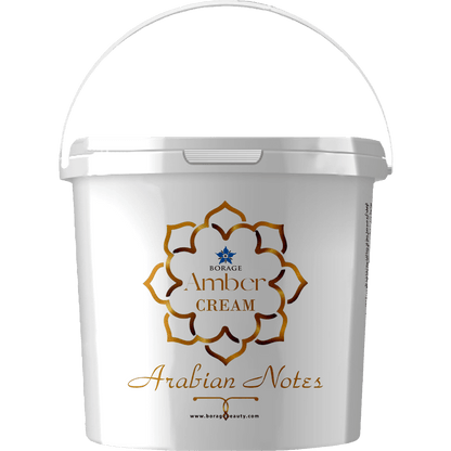 White container with 'Borage Amber Cream Arabian Notes' branding on a white background