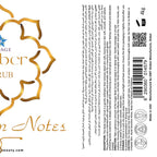 Product label with gold and white design elements on a white background