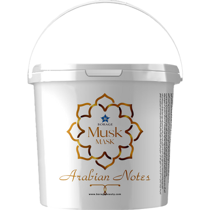 White container with gold text and design, featuring 'Borage Musk Mask Arabian Notes' on a white background.