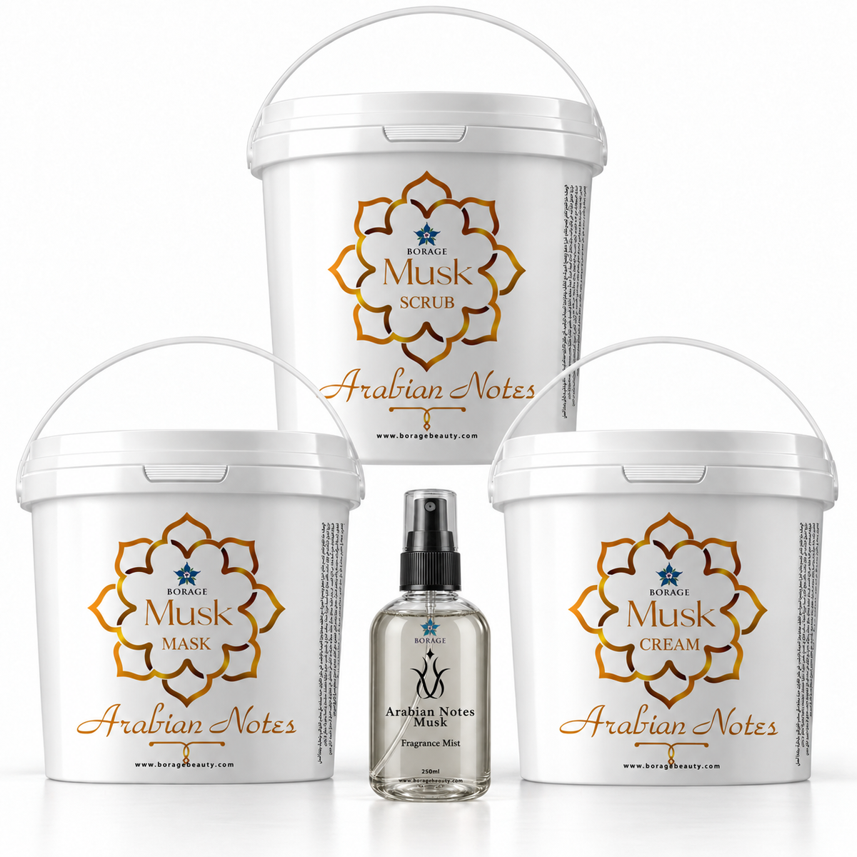 Arabian Notes Musk body care set with body scrub, mask, cream and spa fragrance