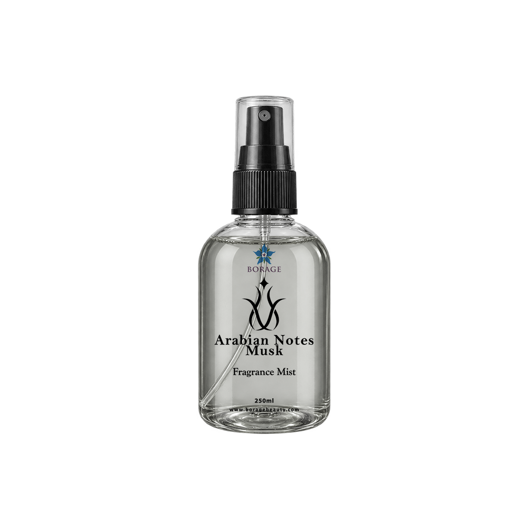 Bottle of Arabian Notes Musk Fragrance Mist on a white background