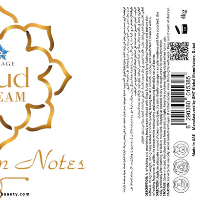 Product label with gold and white design elements on a white background