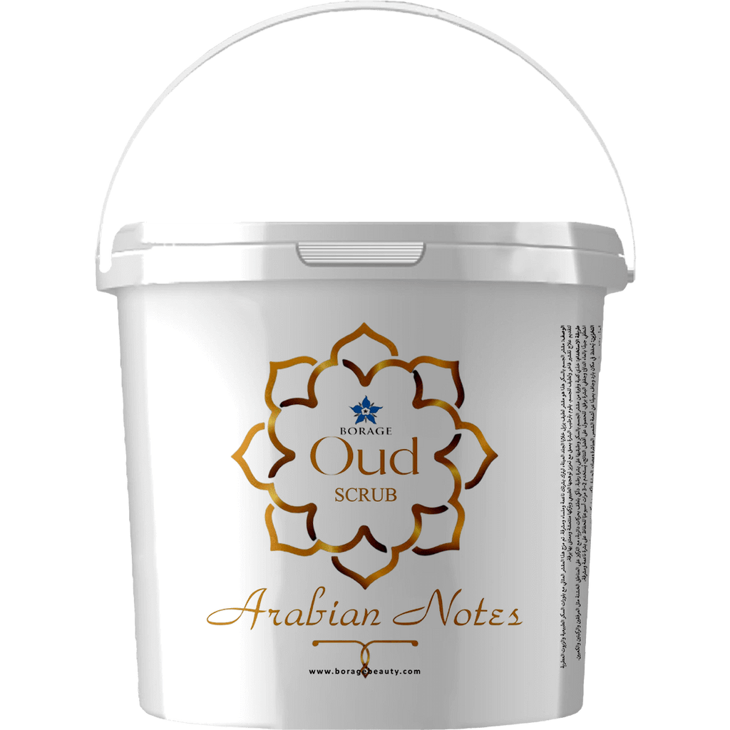 White container with 'Oud Scrub' and 'Arabian Notes' text on a white background