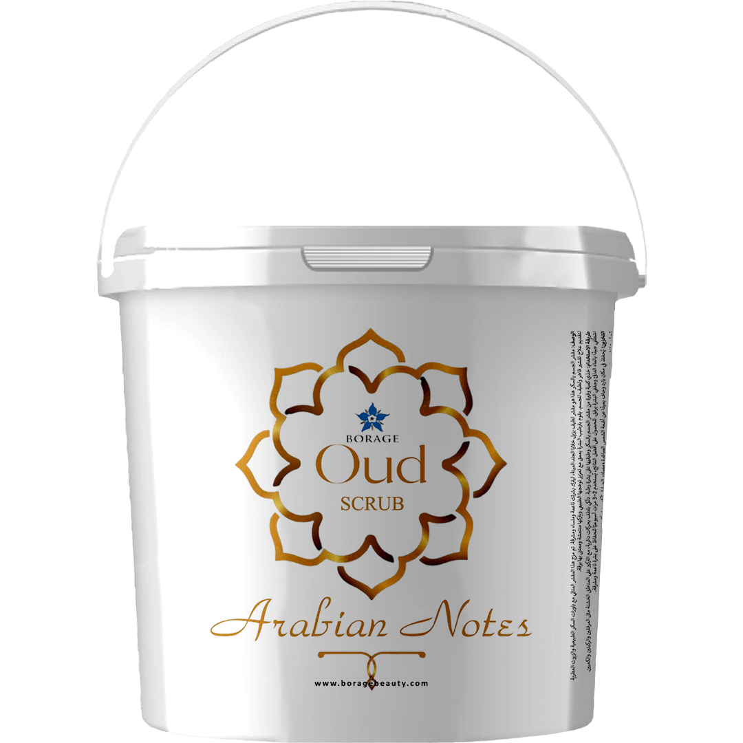 White container with 'Oud Scrub' and 'Arabian Notes' text on a white background