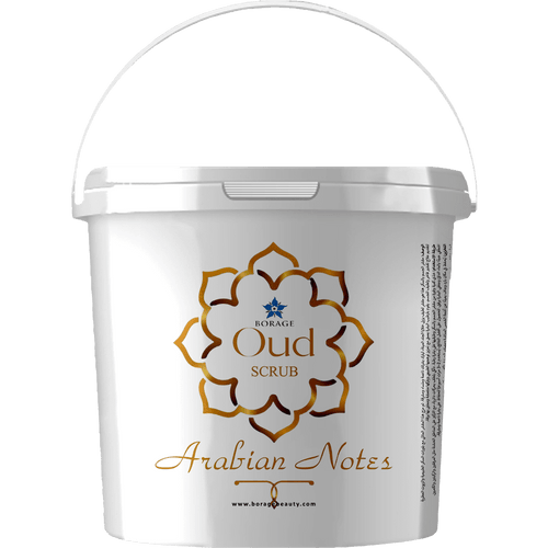 White container with 'Oud Scrub' and 'Arabian Notes' text on a white background