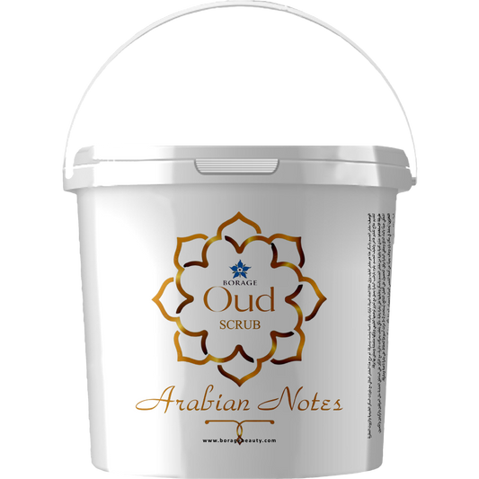 White container with 'Oud Scrub' and 'Arabian Notes' text on a white background