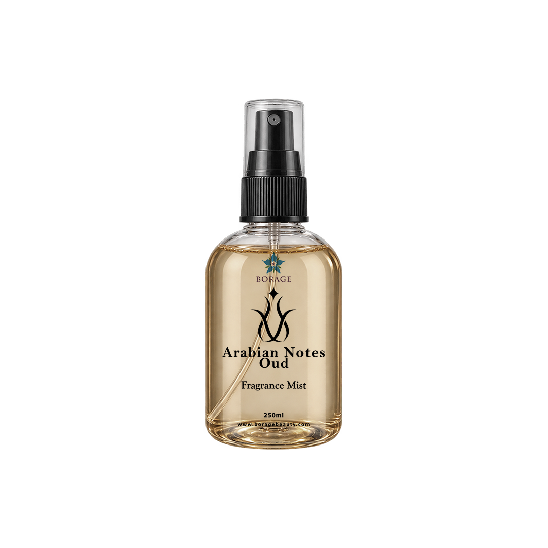 Borage Arabian Notes Oud fragrance mist bottle on a white background