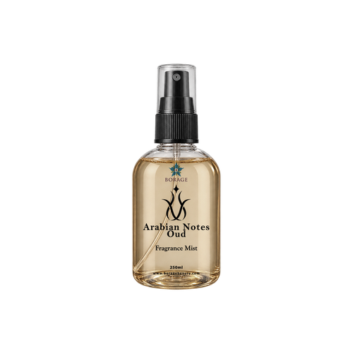 Borage Arabian Notes Oud fragrance mist bottle on a white background