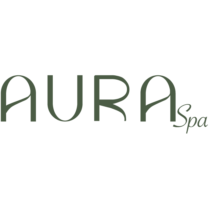 A minimalist logo reading 'AURA Spa' in dark green serif and script lettering centered on a warm cream background.