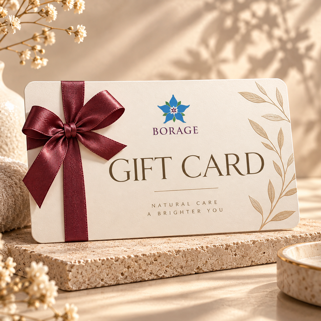 Borage gift card with a red ribbon on a gray background