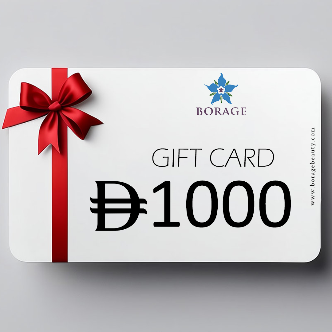 Borage gift card with a red ribbon on a gray background