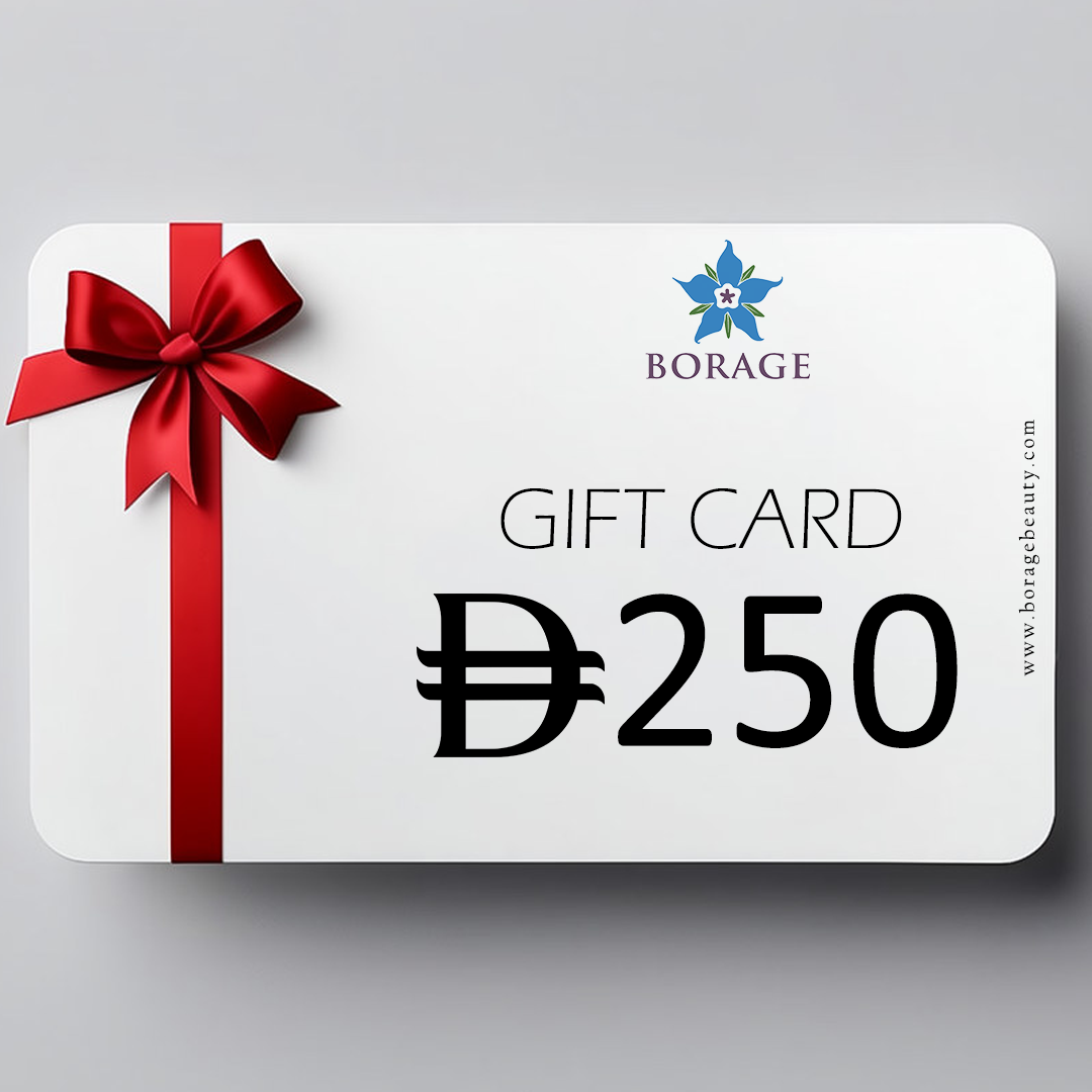 Borage gift card with a red ribbon on a gray background