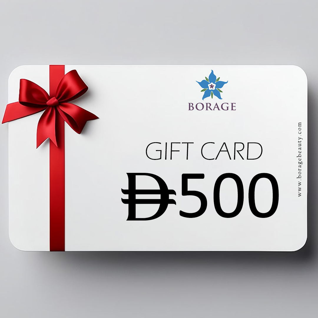Borage gift card with a red ribbon on a gray background