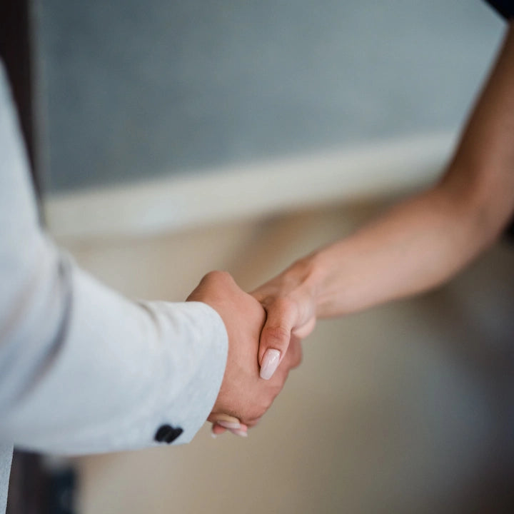 Two people shaking hands with a blurred background