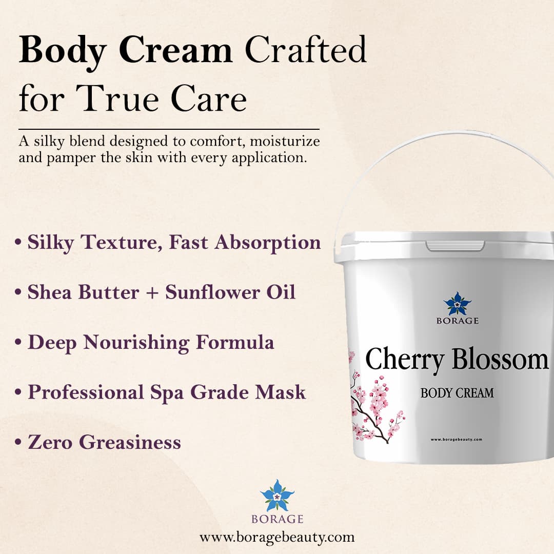 Borage Cherry Blossom body cream with product details on a beige background