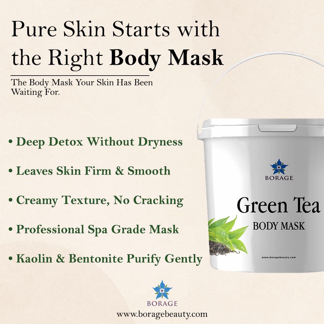 Borage Green Tea Body Mask packaging with promotional text on a beige background