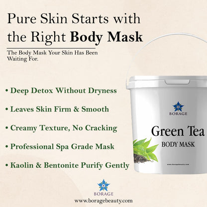 Borage Green Tea Body Mask packaging with promotional text on a beige background