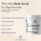 Borage Lavender Body Scrub container with product features on a beige background