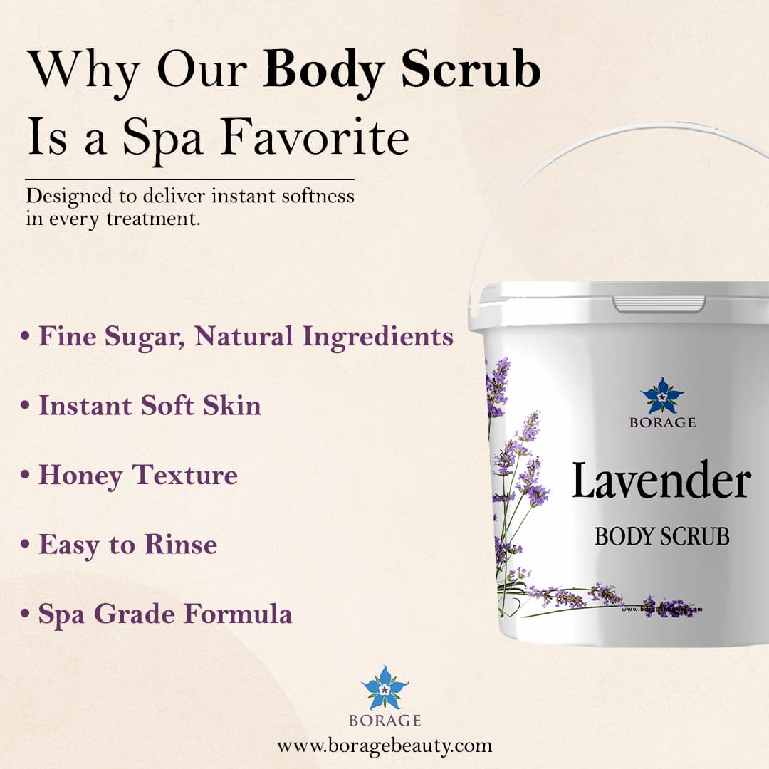 Borage Lavender Body Scrub container with product features on a beige background