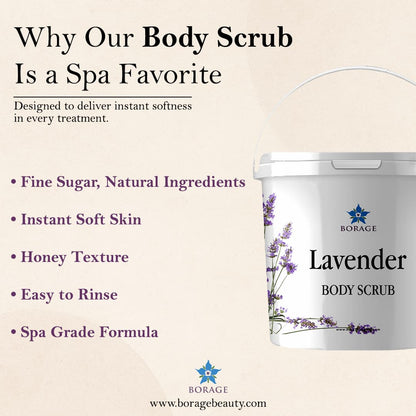 Borage Lavender Body Scrub container with product features on a beige background