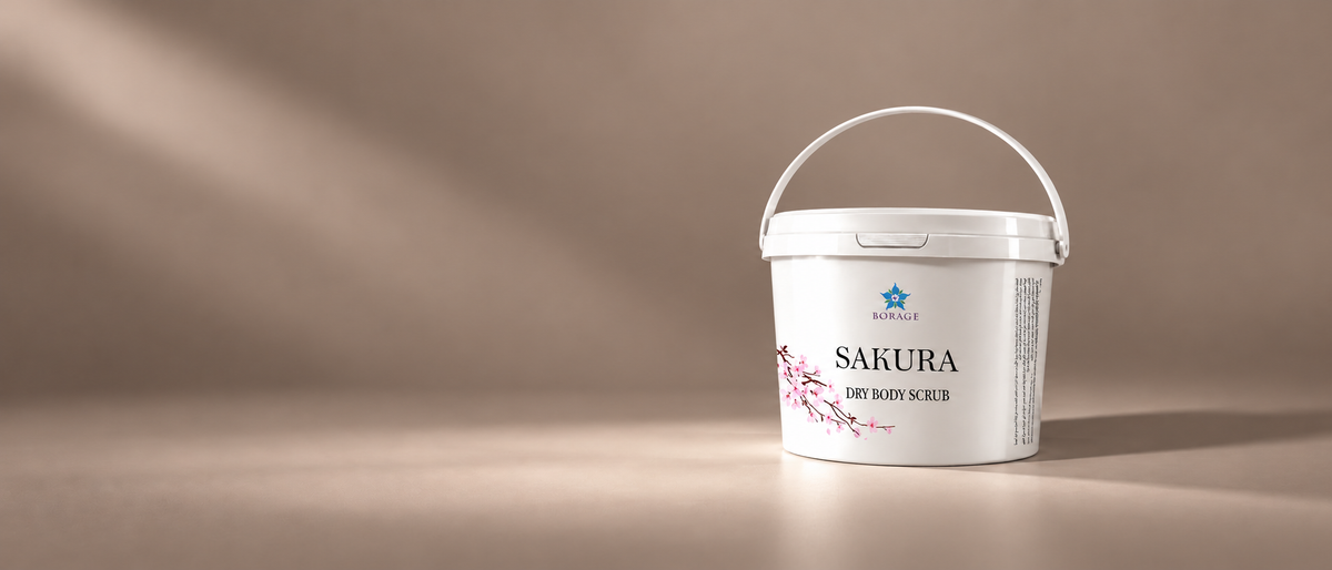 BORAGE Sakura Dry Body Scrub 4 kg white bucket with handle on a warm beige studio background