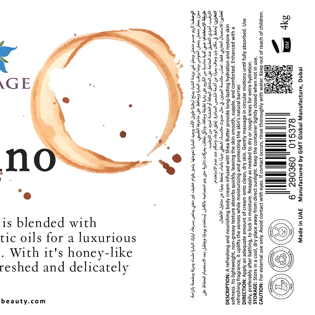 Product label with artistic design and text on a white background