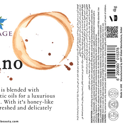 Product label with artistic design and text on a white background