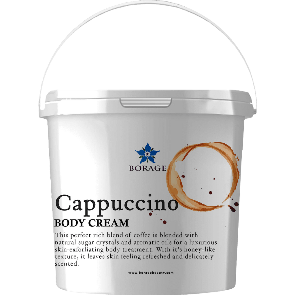 Borage Cappuccino body cream container on a white background
