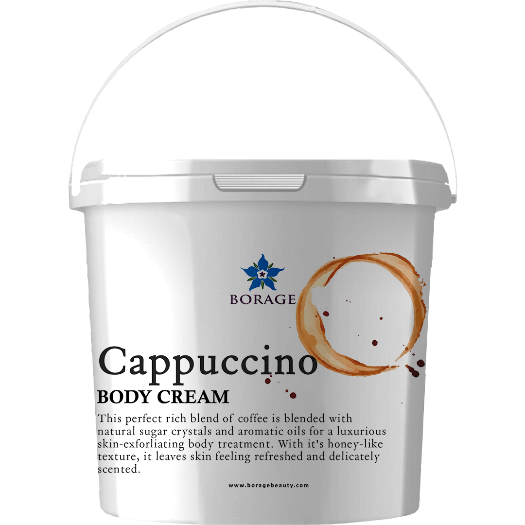 Borage Cappuccino body cream container on a white background