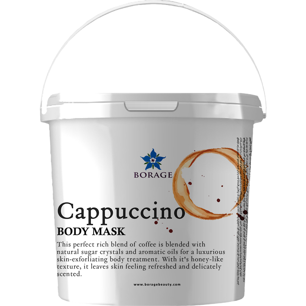 Cappuccino body mask container with Borage logo on a white background
