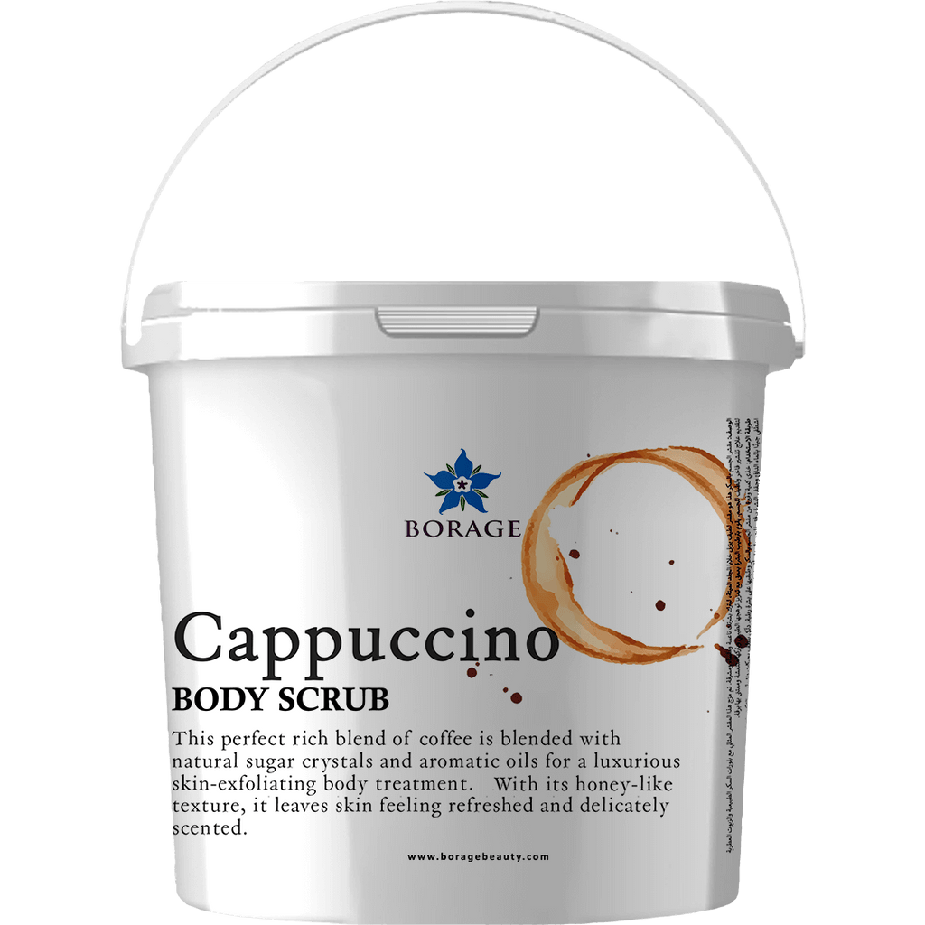 Cappuccino body scrub container with Borage logo on a white background