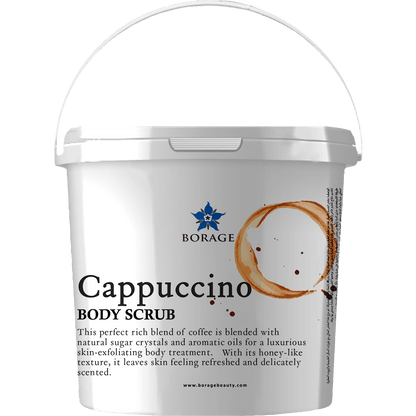 Cappuccino body scrub container with Borage logo on a white background