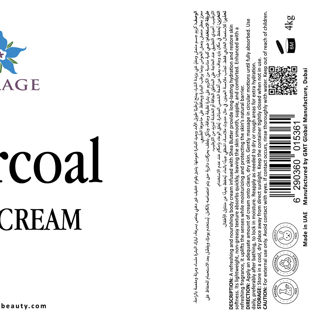 Label for charcoal cream with branding and product details on a white background