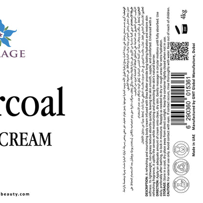 Label for charcoal cream with branding and product details on a white background