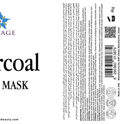 Label for a charcoal mask with branding and product details on a white background