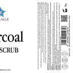 Label of charcoal scrub with branding and product details on a white background