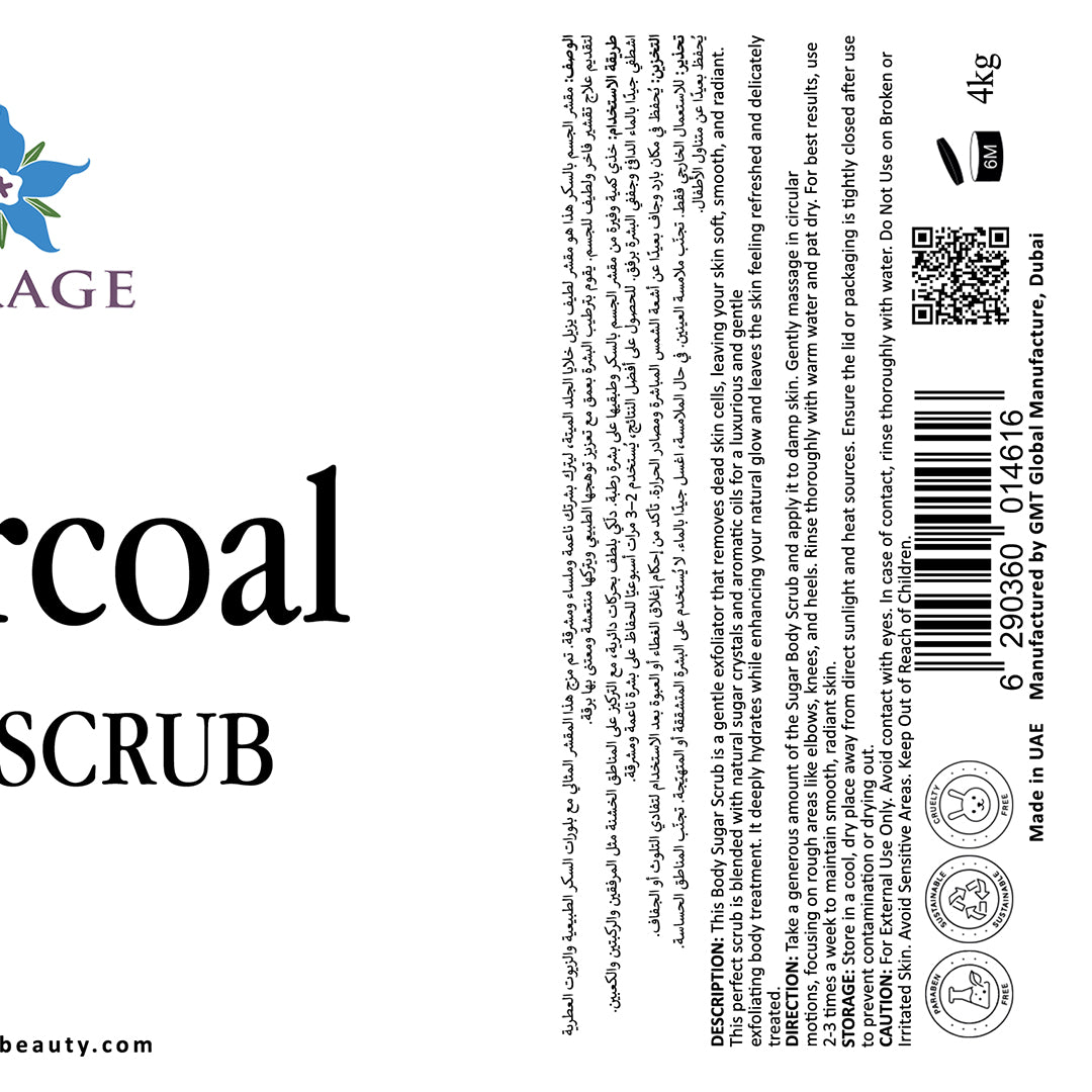 Label of charcoal scrub with branding and product details on a white background