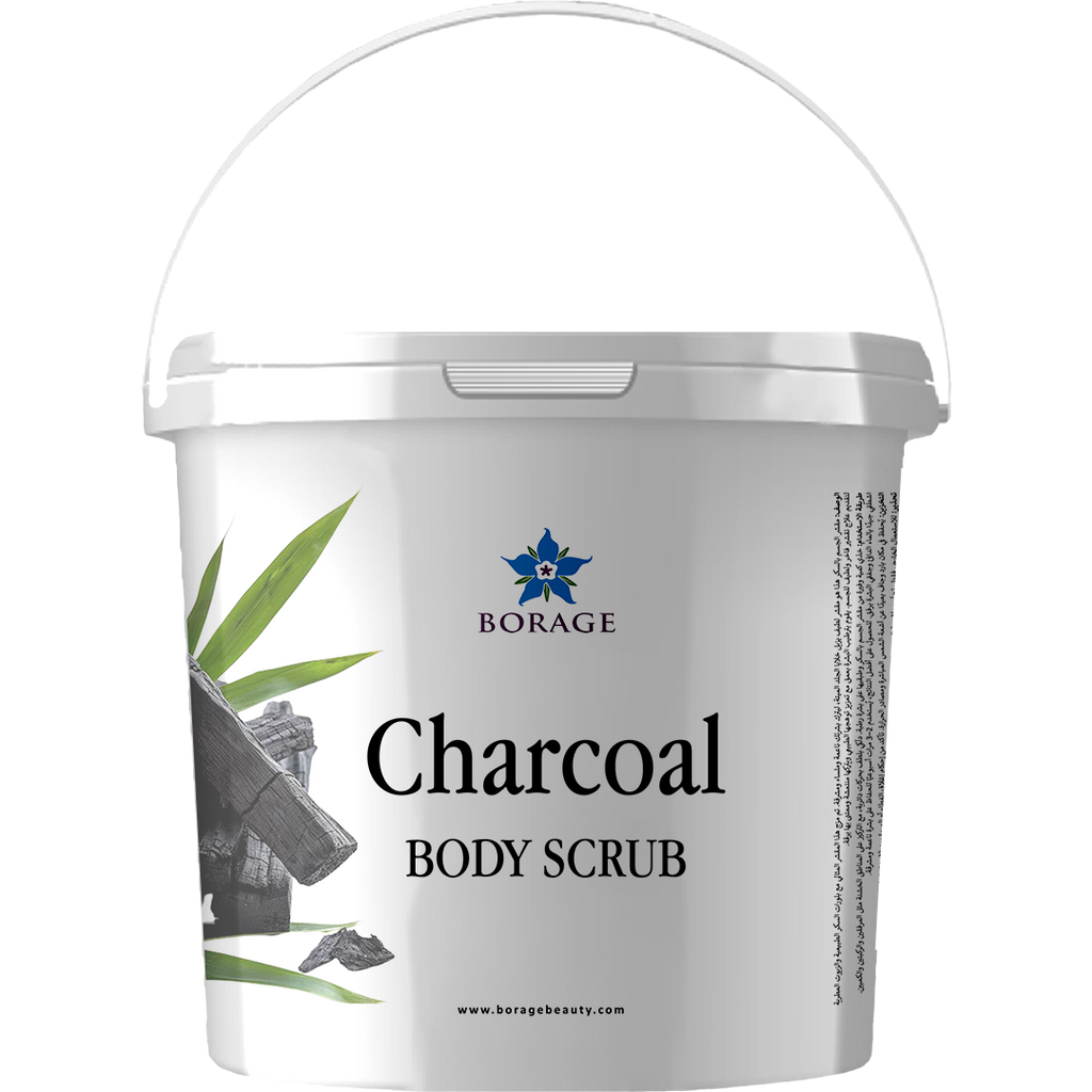 Bottle of Borage Charcoal Body Scrub on a white background