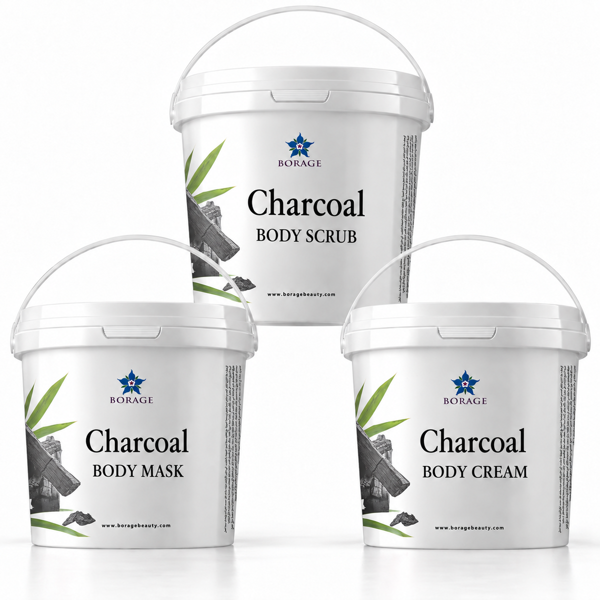 Charcoal body care set with body scrub, mask and cream