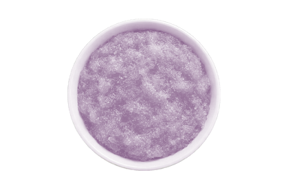Purple scrub in a white bowl on a white background