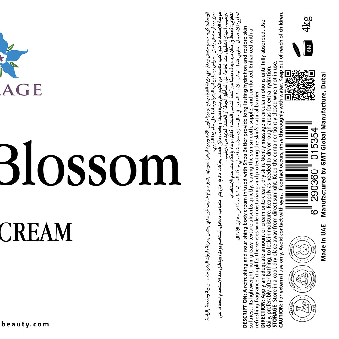 Label for 'Blossom Cream' with branding and product details on a white background