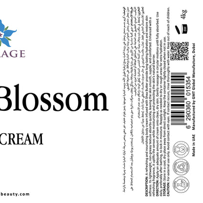 Label for 'Blossom Cream' with branding and product details on a white background