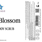Label for 'Blossom' body scrub with branding and product details.