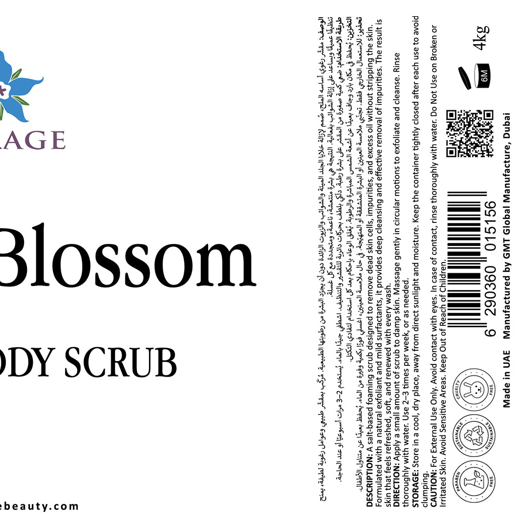 Label for 'Blossom' body scrub with branding and product details.