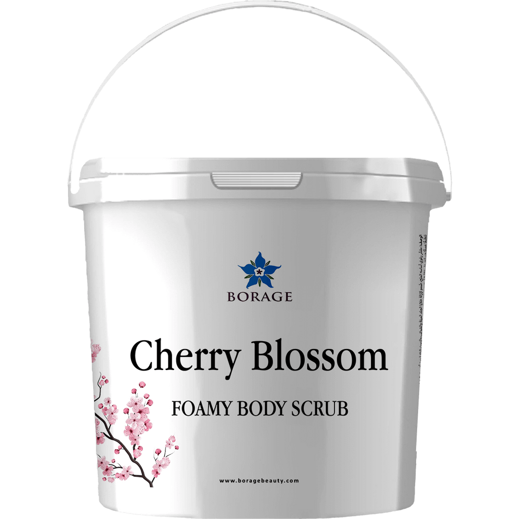 Bottle of Cherry Blossom Foamy Body Scrub by Borage on a white background
